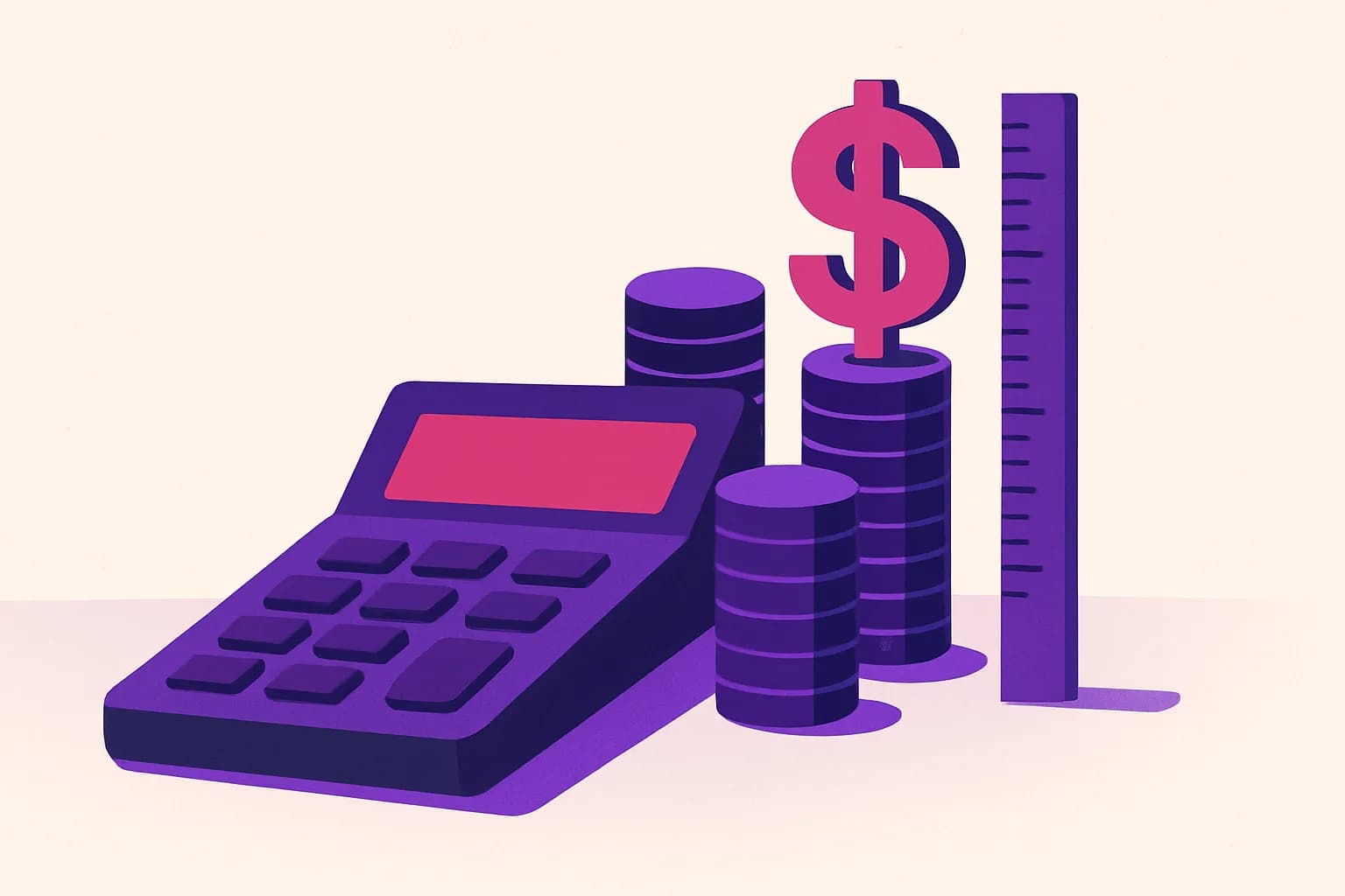 Calculatrice avec piles de pièces et règle mesurant leur hauteur sur un bureau