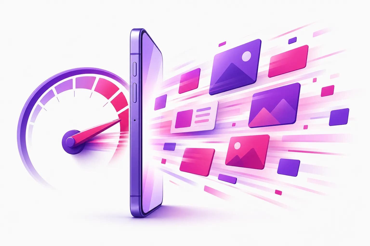 Smartphone with speedometer needle showing fast loading speed as content blocks rapidly stream from the screen