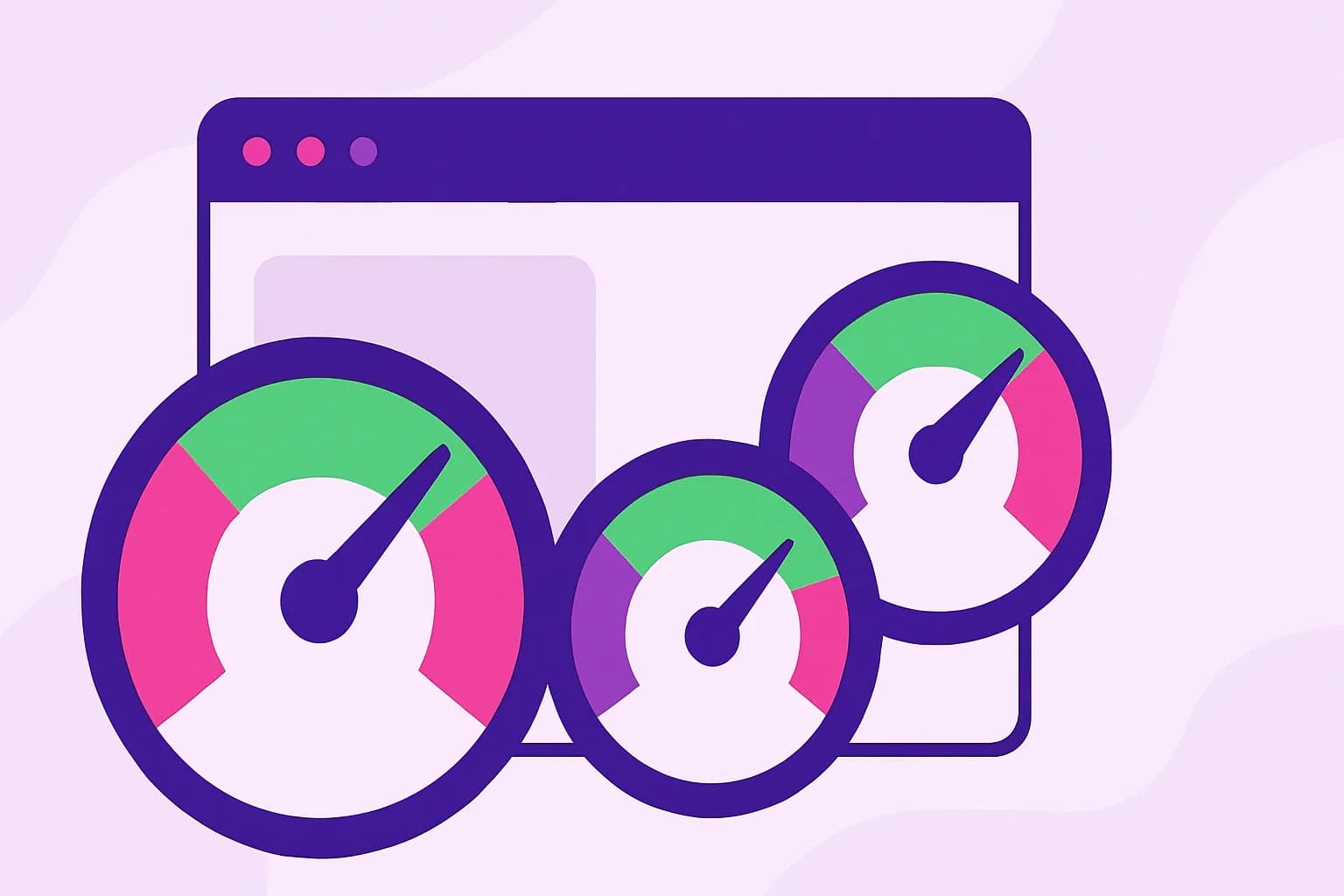Drie prestatie-indicatoren in de groene zone voor een browservenster, die optimale webprestaties tonen.