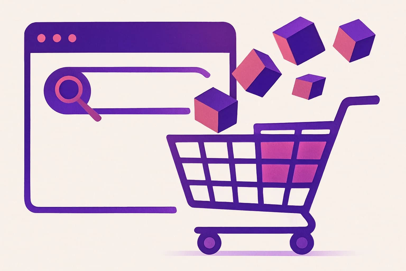 Panier d'achat devant une fenêtre de navigateur avec barre de recherche et produits.