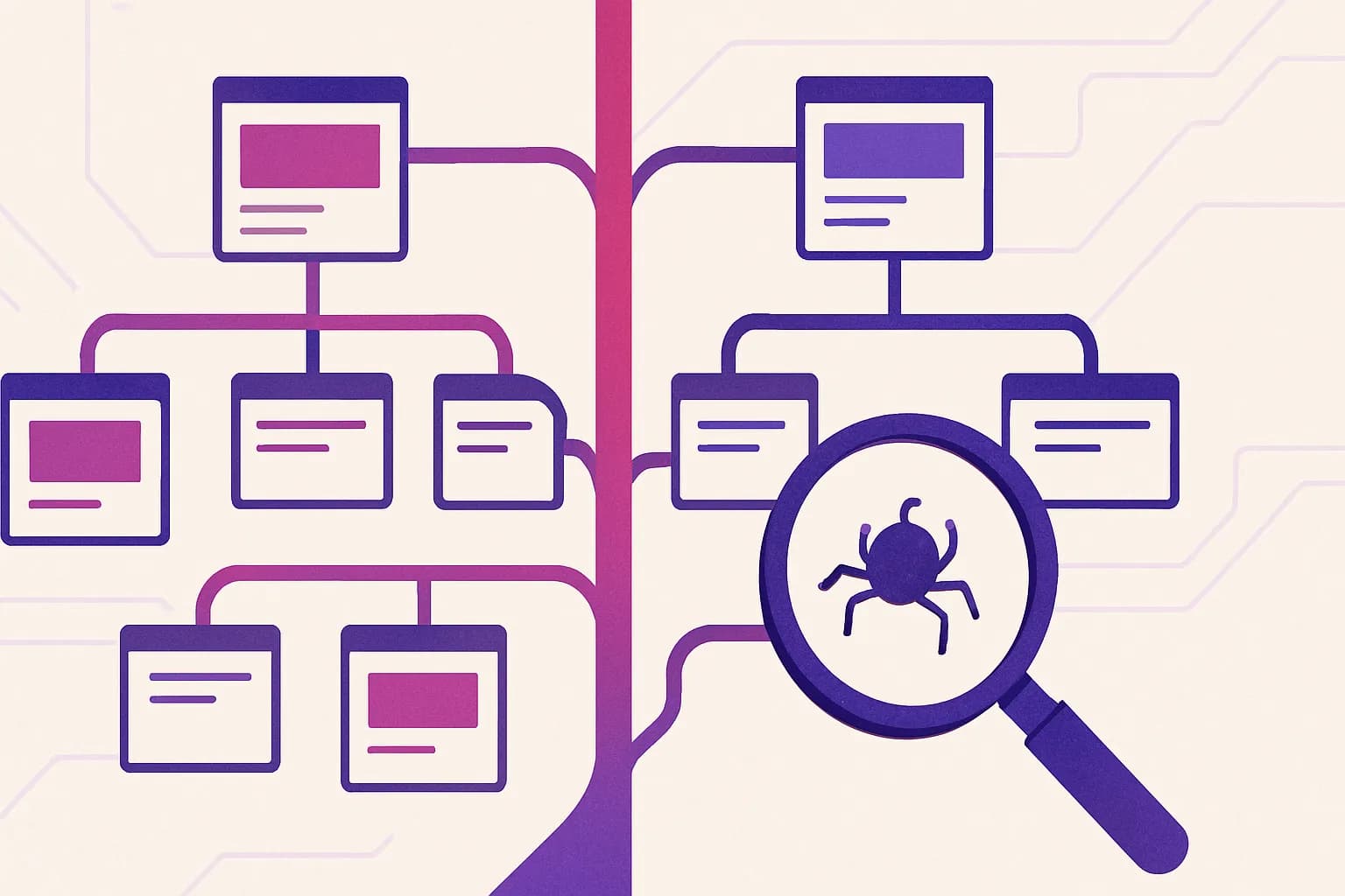 Een zoekrobot verkent een vertakte websitestructuur op een XML-sitemap, weergegeven als een boomdiagram